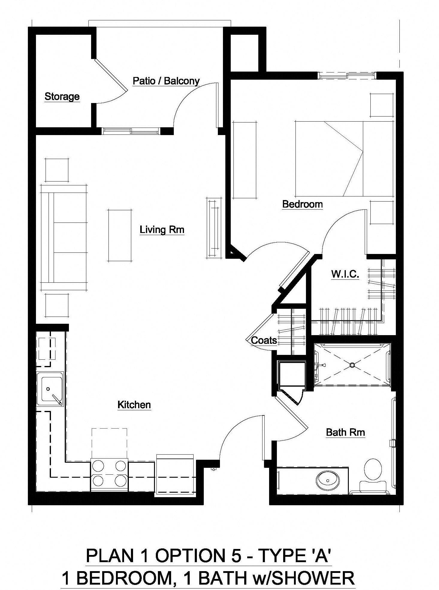Floor plan for 1 bed, 1 bath, 650 sqft